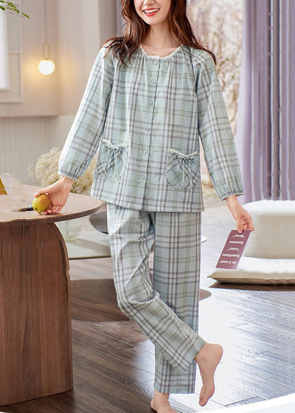 Elegant Pan Plaid Peter Pajamas Two Pieces Set Cotton Bow Collar