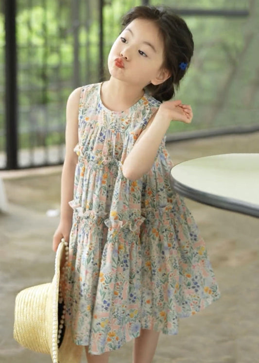 Elegant Photo Color Ruffled Print Cotton Girls Dress Sleeveless EW055