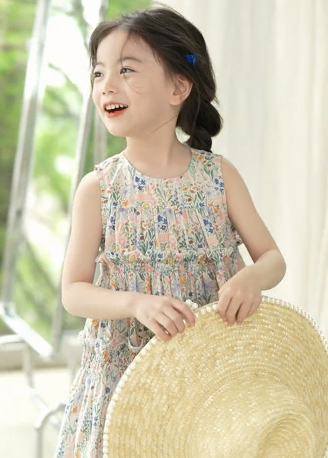 Elegant Photo Color Ruffled Print Cotton Girls Dress Sleeveless EW055