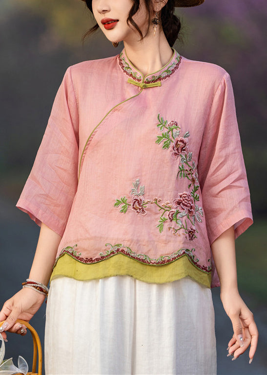 Pink Sleeve Elegant Button Shirt Linen Embroidered Bracelet
