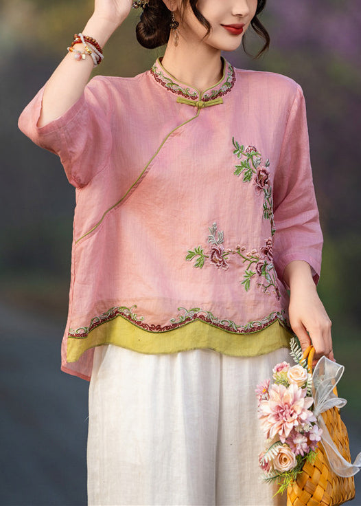 Embroidered Linen Pink Sleeve Elegant Button Shirt Bracelet