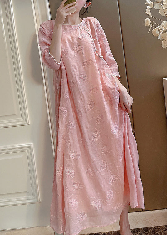 Two-Piece Elegant Embroidered Linen Set Sleeve Pink Half Button