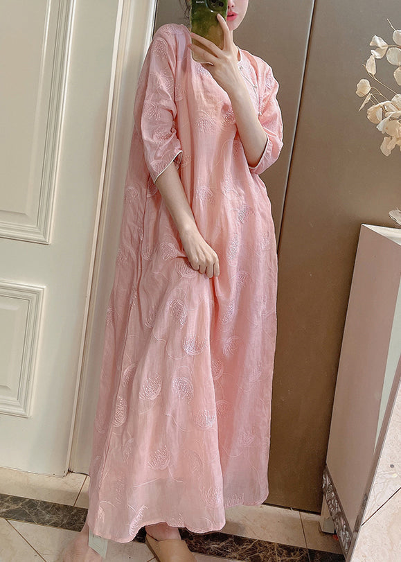 Two-Piece Elegant Embroidered Linen Set Sleeve Pink Half Button