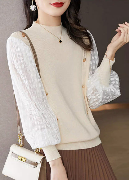 Elegant Pink Half High Neck Patchwork Knit Pullover Spring TH037