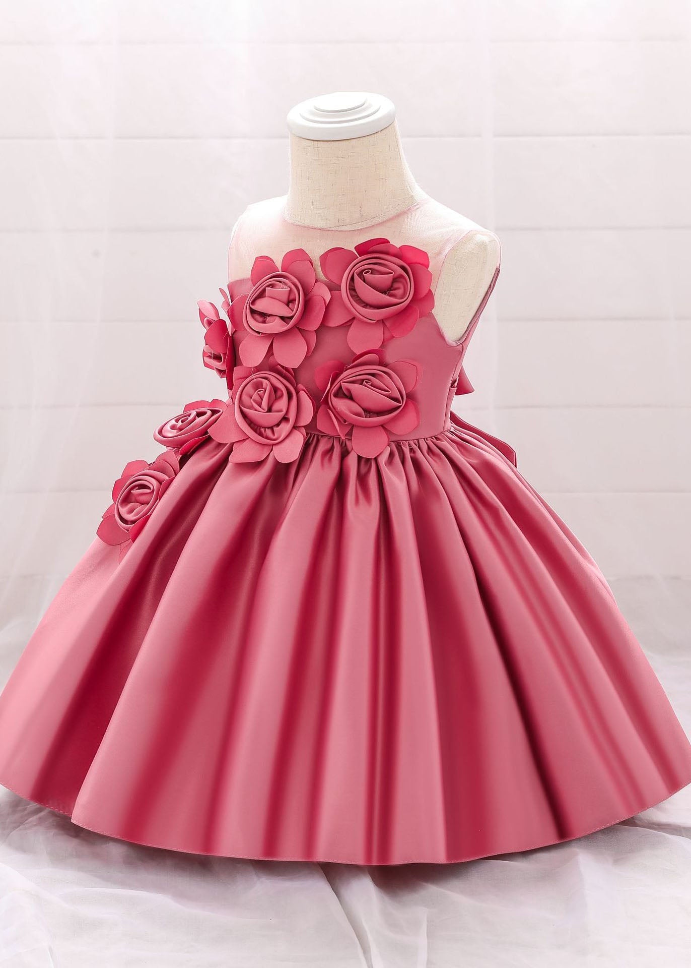 Elegant Pink O-Neck Patchwork Floral Kids Long Dress Sleeveless YS013