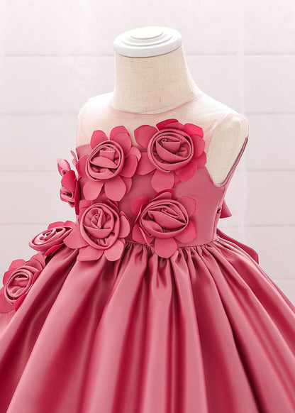 Elegant Pink O-Neck Patchwork Floral Kids Long Dress Sleeveless YS013