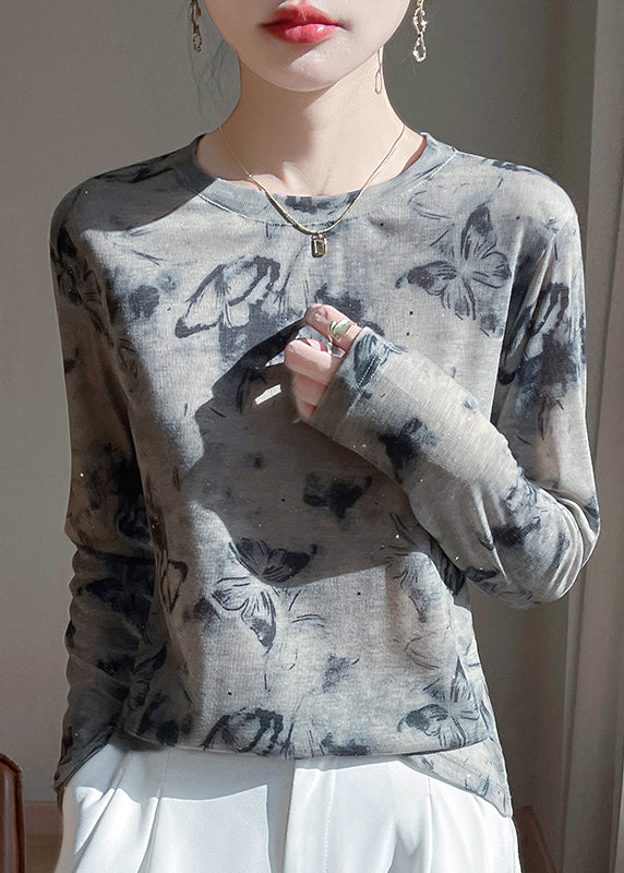 O-Neck Print Elegant Fall Pink Top UPF Shirt Cotton 50+