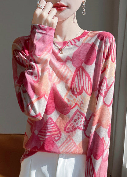 O-Neck Print Elegant Fall Pink Top UPF Shirt Cotton 50+