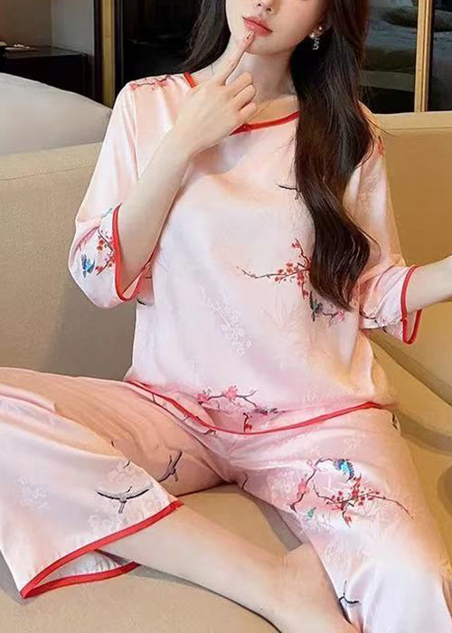 Elegant Pink O Neck Print Ice Silk Pajamas Two Pieces Set Half Sleeve YK004