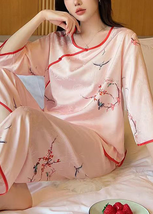 Elegant Pink O Neck Print Ice Silk Pajamas Two Pieces Set Half Sleeve YK004