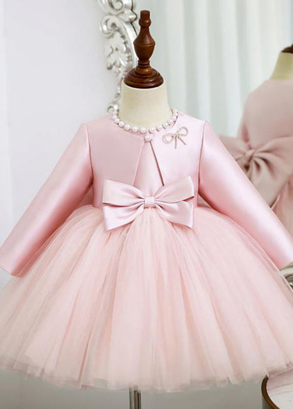 Elegant Pink Patchwork Tulle Girls Coats And Long Dress Two Pieces Set Spring YS029