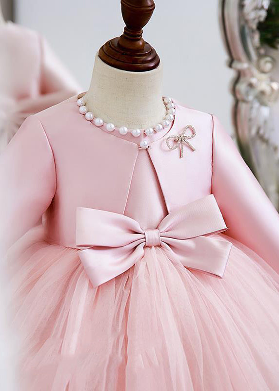 Elegant Pink Patchwork Tulle Girls Coats And Long Dress Two Pieces Set Spring YS029