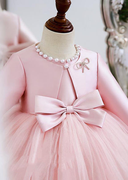 Elegant Pink Patchwork Tulle Girls Coats And Long Dress Two Pieces Set Spring YS029