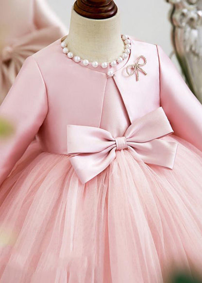 Elegant Pink Patchwork Tulle Girls Coats And Long Dress Two Pieces Set Spring YS029