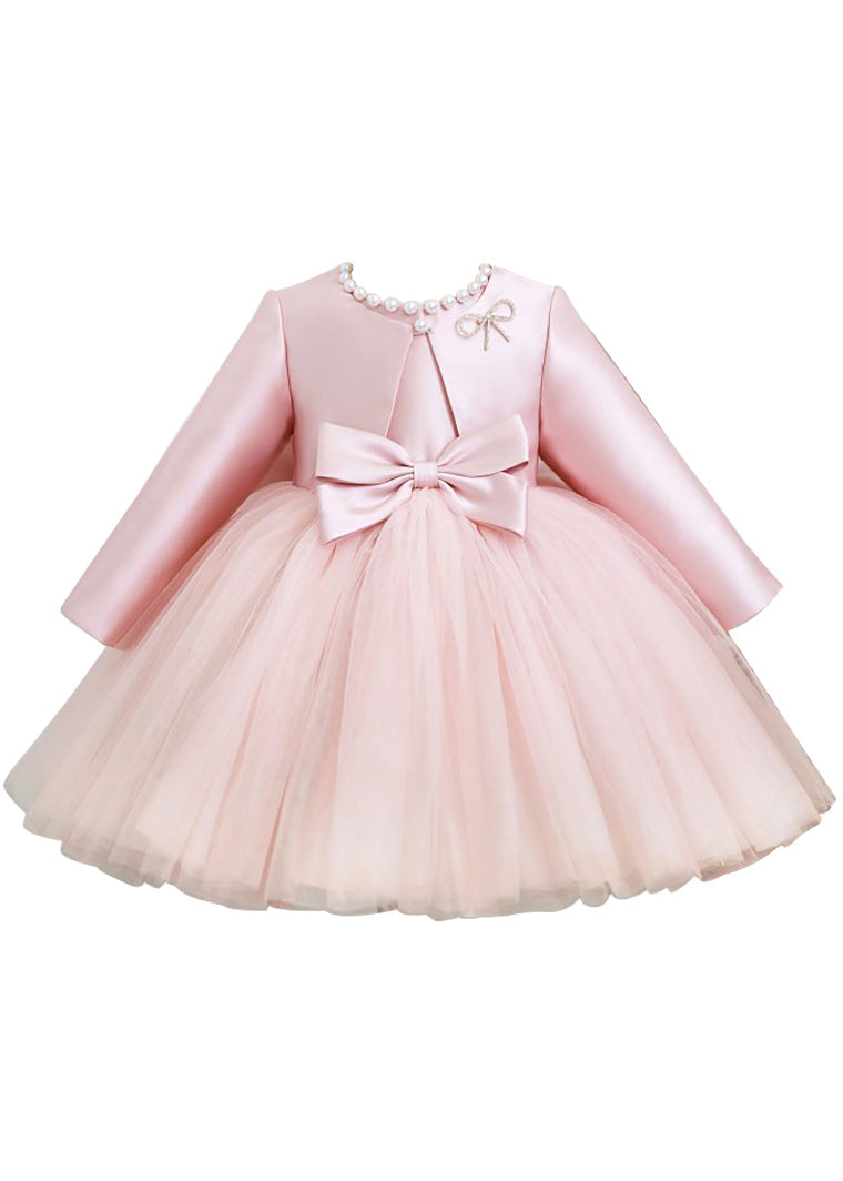 Elegant Pink Patchwork Tulle Girls Coats And Long Dress Two Pieces Set Spring YS029