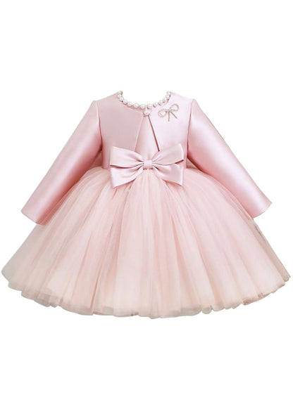 Elegant Pink Patchwork Tulle Girls Coats And Long Dress Two Pieces Set Spring YS029