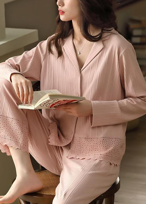 Pan Elegant Cotton Two Hollow Pink Pajamas Peter Out Collar