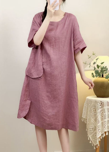 Sleeve Pockets Dress Open Side Elegant Pink Linen Half