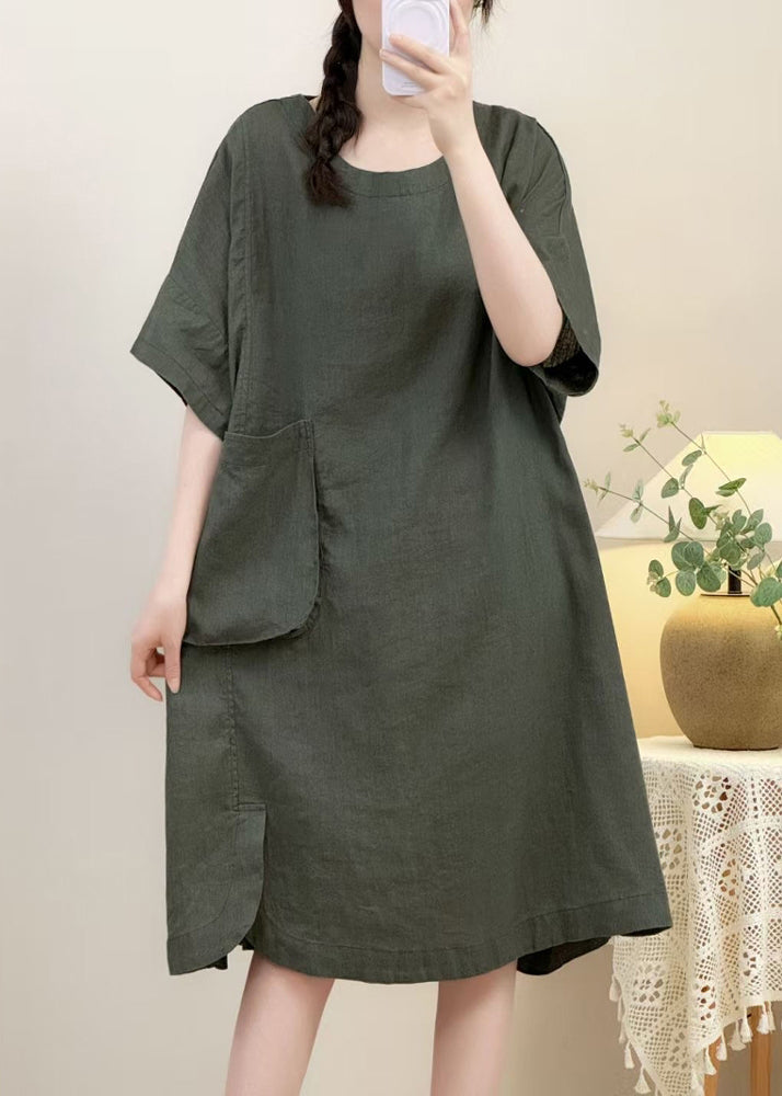 Sleeve Pockets Dress Open Side Elegant Pink Linen Half