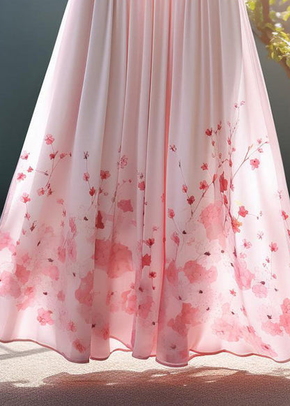 Pink Waist Skirt Chiffon Elegant Elastic Print Summer