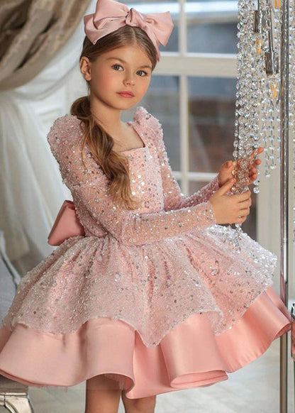 Elegant Pink Square Collar Bow Sequins Tulle Girls Maxi Dresses Spring YS038