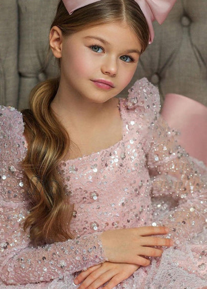 Elegant Pink Square Collar Bow Sequins Tulle Girls Maxi Dresses Spring YS038
