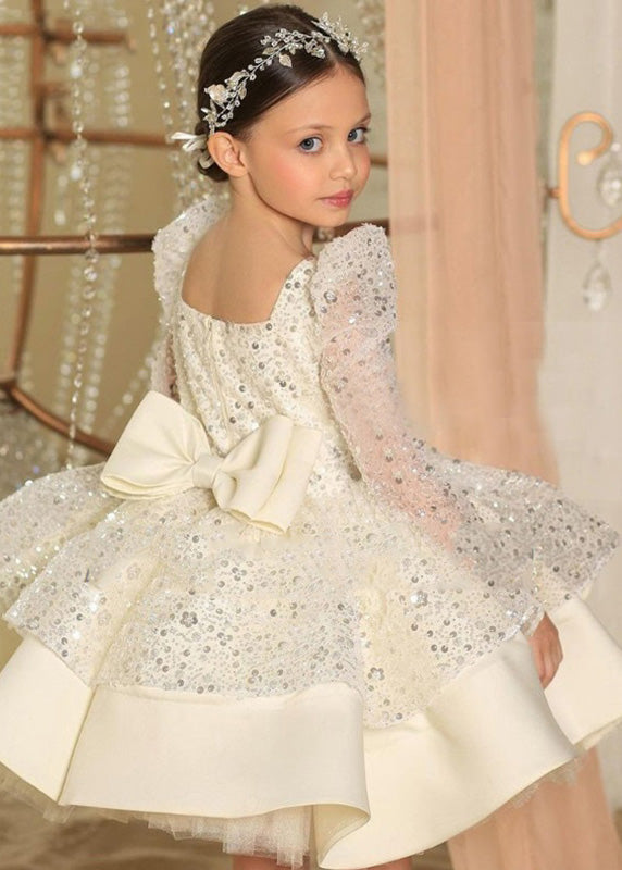 Elegant Pink Square Collar Bow Sequins Tulle Girls Maxi Dresses Spring YS038