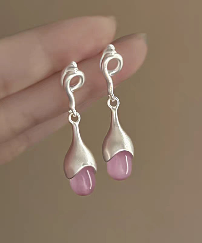 Drop Elegant Eye Sterling Stone Earrings Pink Cat Tassel Silver