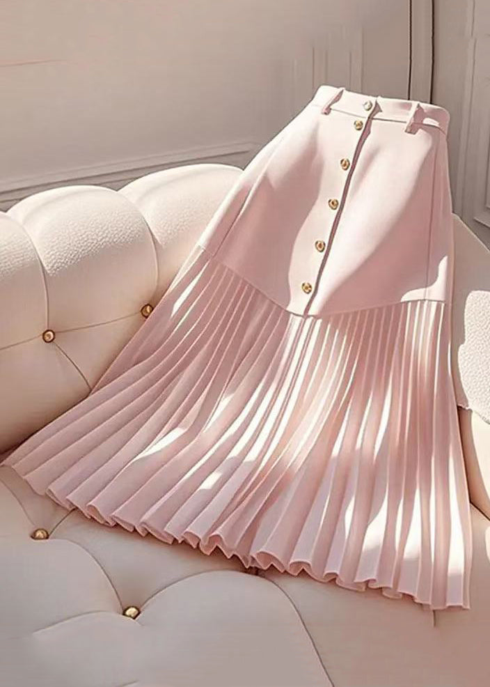 Summer Cotton Skirts Elegant Wrinkled Pink Waist High