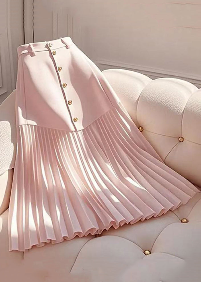 Summer Cotton Skirts Elegant Wrinkled Pink Waist High