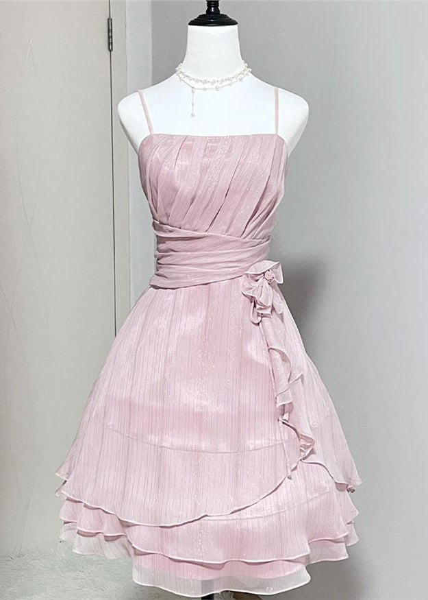 Waist Strap Elegant Wrinkled Silk Pink Spaghetti Dress High