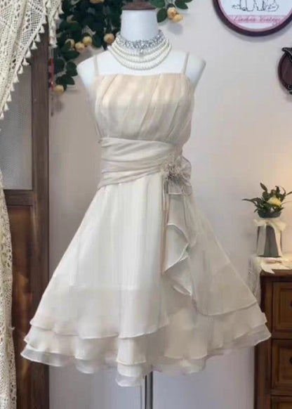 Waist Strap Elegant Wrinkled Silk Pink Spaghetti Dress High