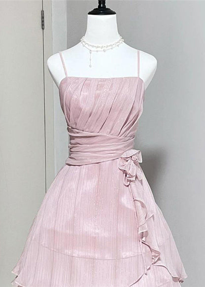 Waist Strap Elegant Wrinkled Silk Pink Spaghetti Dress High