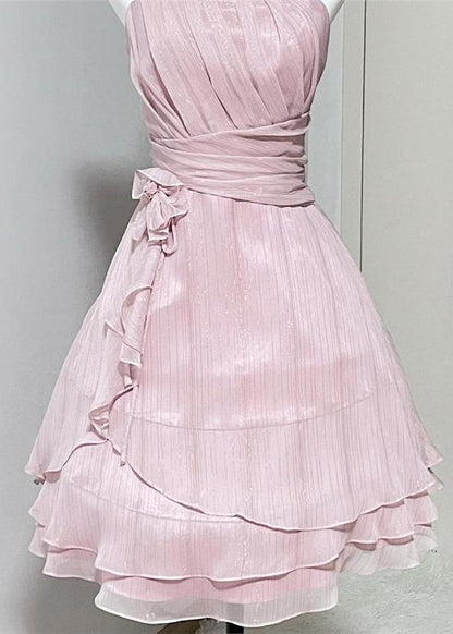 Waist Strap Elegant Wrinkled Silk Pink Spaghetti Dress High
