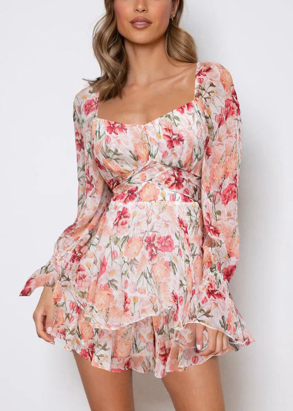 Spring Elegant Print Zippered Pink Jumpsuit Up Lace