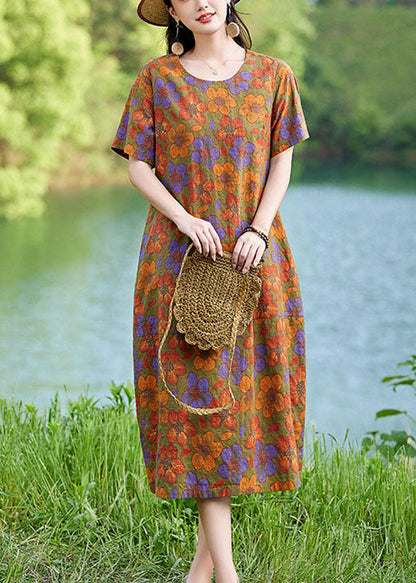 Summer Dress Oversized Elegant Floral Linen Polychrome Mid