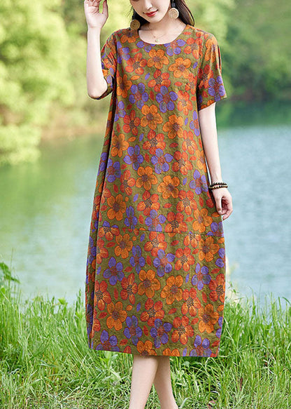 Summer Dress Oversized Elegant Floral Linen Polychrome Mid