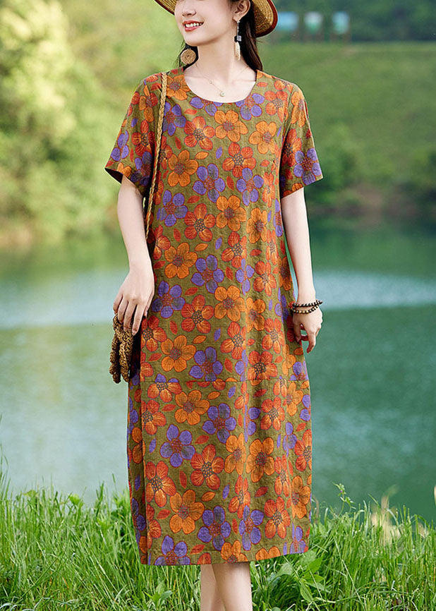 Elegant Linen Polychrome Summer Mid Dress Floral Oversized