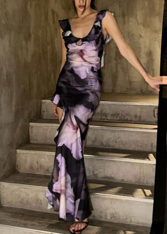 Purple Asymmetrical Summer Cotton Print Ruffled Elegant Dress