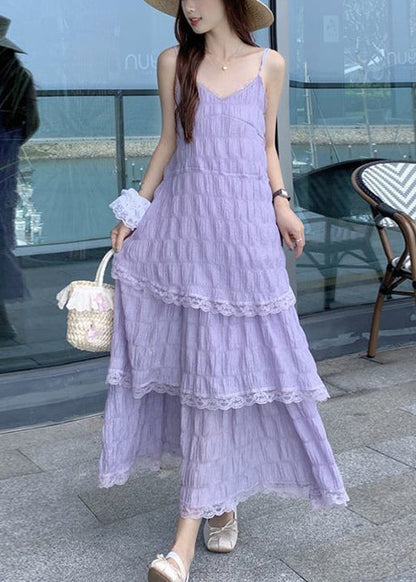 Strap V Elegant Lace Dress Neck Spaghetti Purple Cotton