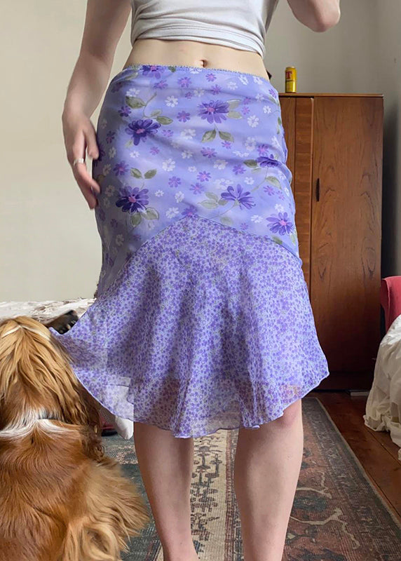 Patchwork Skirt Elegant Summer Purple Zippered Chiffon Print
