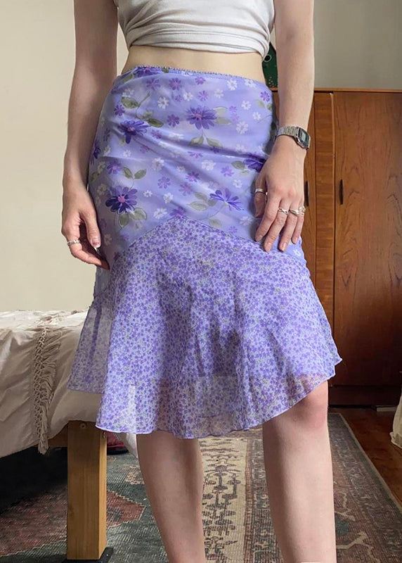 Patchwork Skirt Elegant Summer Purple Zippered Chiffon Print