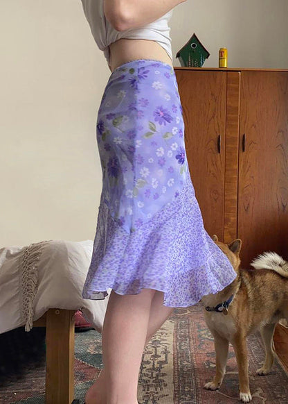 Patchwork Skirt Elegant Summer Purple Zippered Chiffon Print