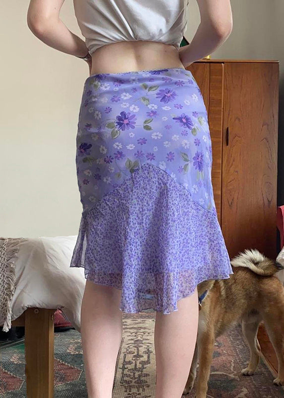 Patchwork Skirt Elegant Summer Purple Zippered Chiffon Print