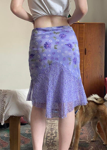 Patchwork Skirt Elegant Summer Purple Zippered Chiffon Print