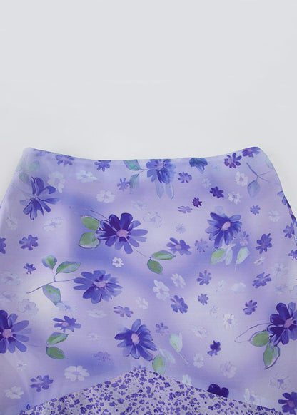 Patchwork Skirt Elegant Summer Purple Zippered Chiffon Print