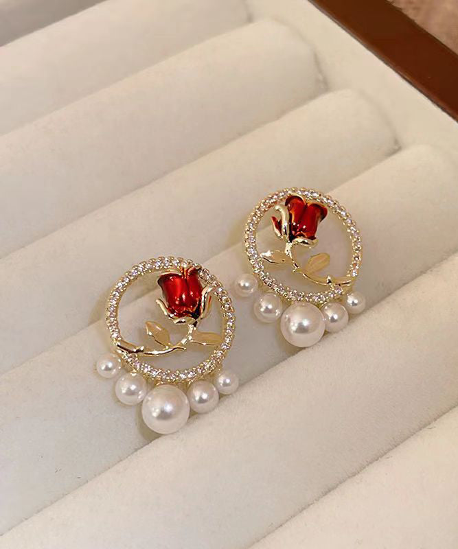 Elegant Red Copper Zircon Pearl Rose Stud Earrings KX1019