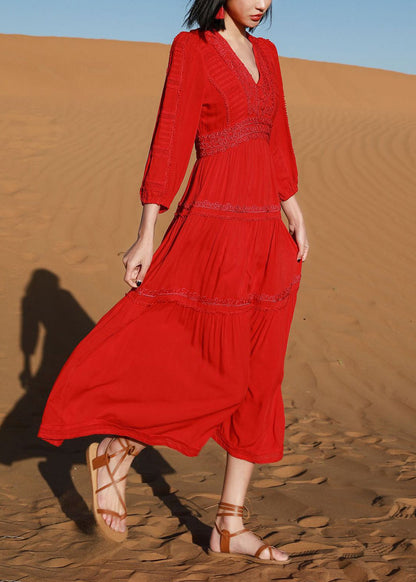 Red Elegant V Cotton Dresses Solid Neck Long Embroidered Bracelet