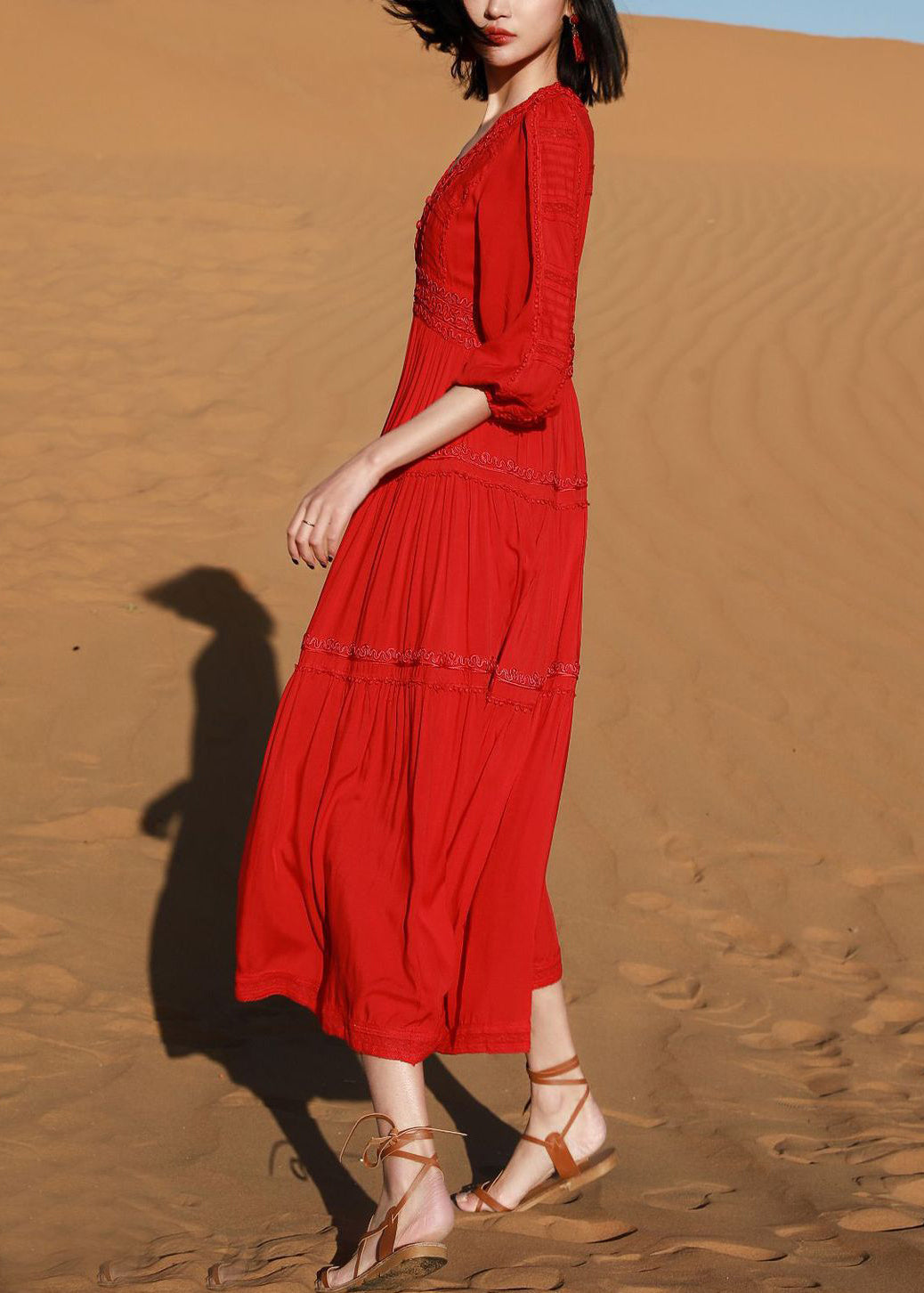 Red Elegant V Cotton Dresses Solid Neck Long Embroidered Bracelet