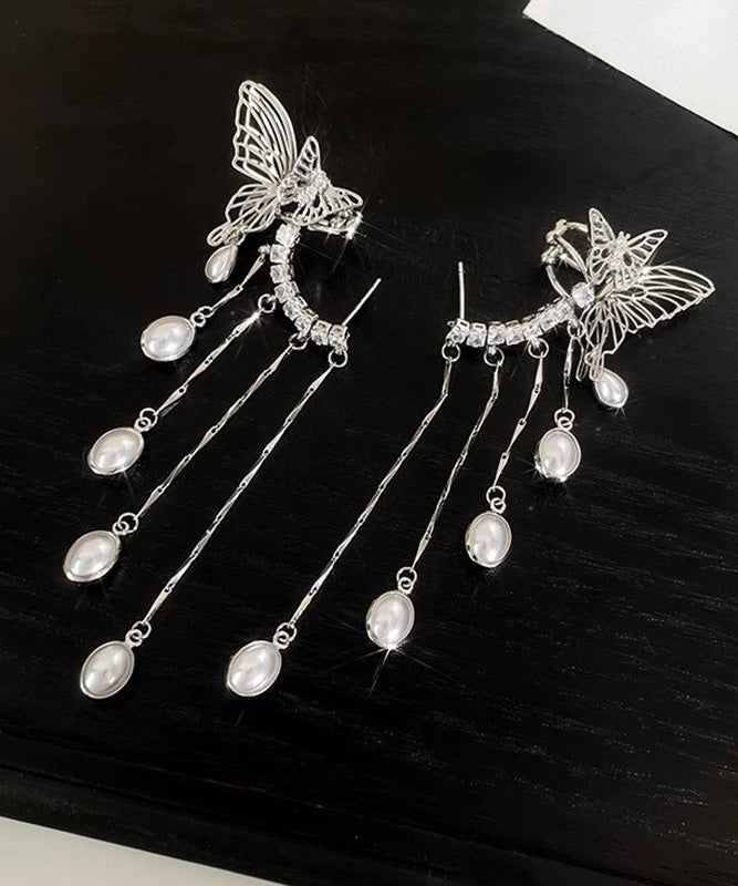 Elegant Silk Copper Zircon Pearl Butterfly Tassel Drop Earrings QJ047